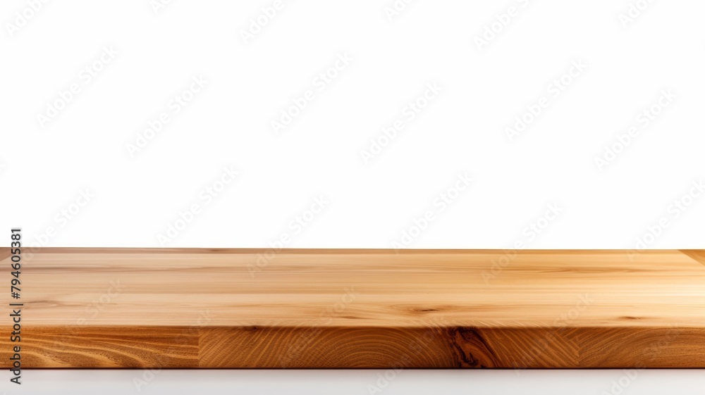 a polished wooden surface, whether it's a shelf, desk, display, or board, showcased in a pristine front view against a minimalist white backdrop.