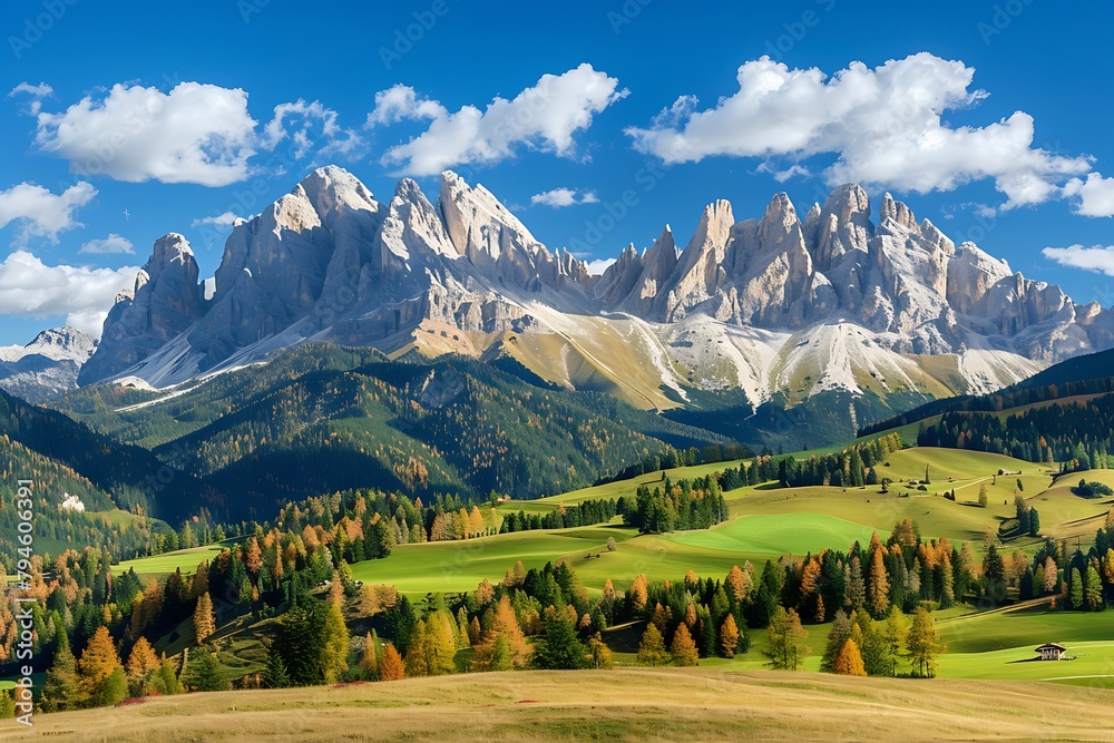 A panoramic view of the Dolomites in Italy, with lush green meadows and snowcapped peaks under clear blue skies. The valley is filled with trees that change colors from yellow to red as autumn appears