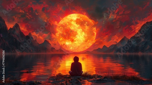 A fiery sunset against a backdrop of majestic mountains showcasing the passionate and protective nature of the divine masculine as he watches over the earth and its creatures