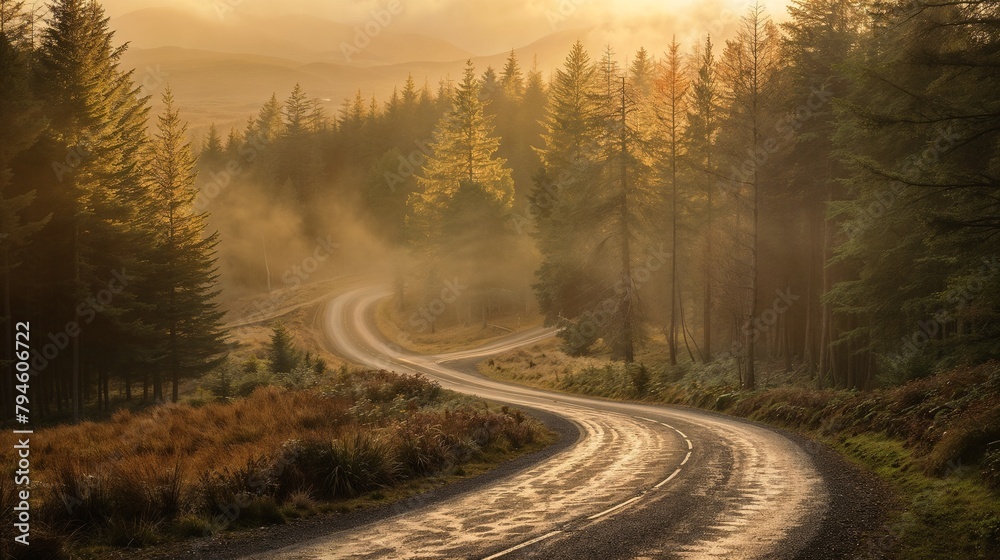 Fototapeta premium Morning sun beams through mist on a lone road in the Scottish highlands