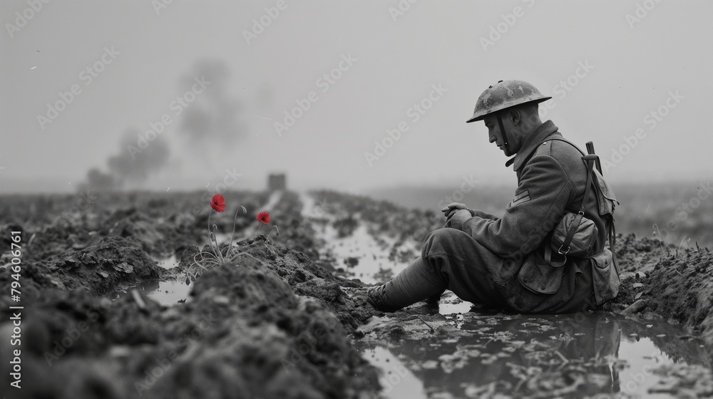 World War soldier looks at a red poppy in honour of memorial day