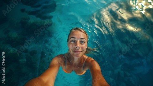 Beautiful woman takes a selfie in the ocean