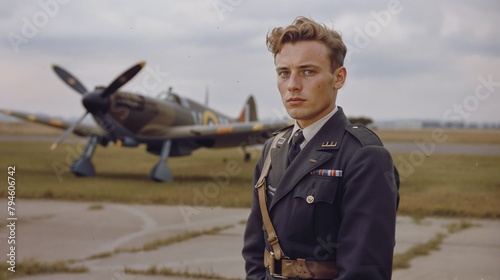 Fighter pilot stood in front of a spitfire resembling an RAF pilot from world war 2