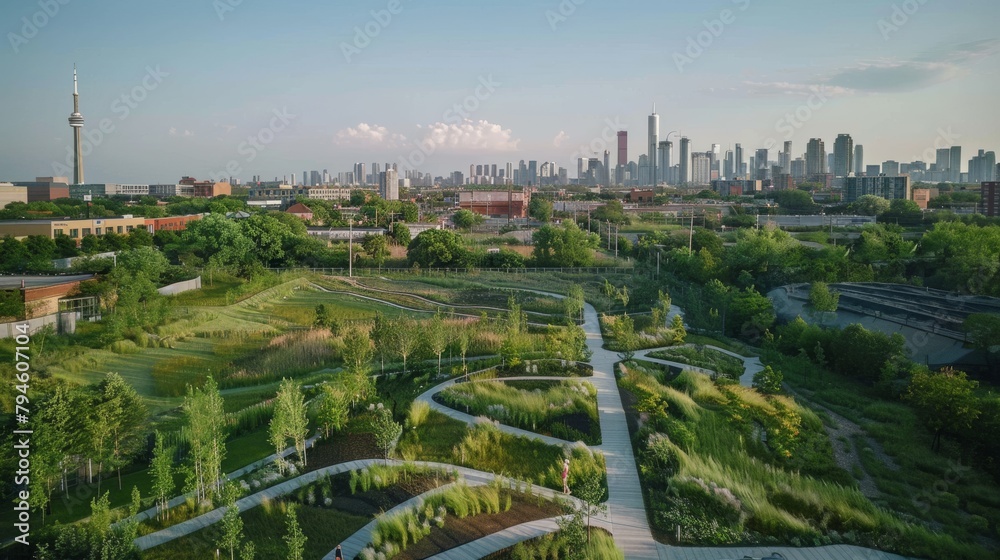 An urban planner designs sustainable city landscapes, focusing on green infrastructure