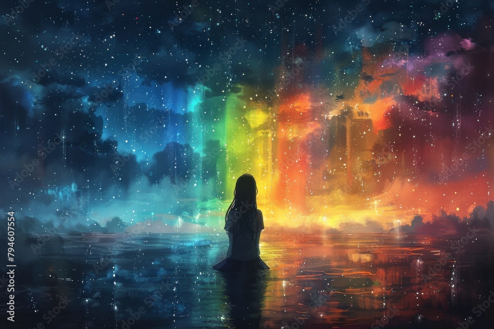 enchanting beauty of a digital watercolor graphic featuring a joyous teenage girl against the backdrop of a mesmerizing rainbow Milky Way sky, evoking a sense of dreamy