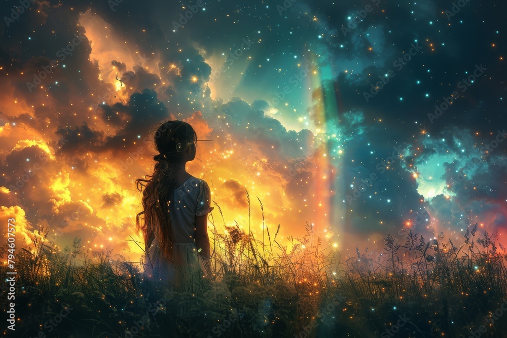 enchanting beauty of a digital watercolor graphic featuring a joyous teenage girl against the backdrop of a mesmerizing rainbow Milky Way sky, evoking a sense of dreamy