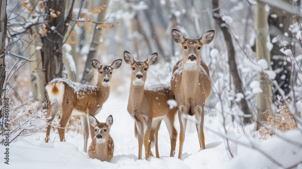 Obraz premium A family of deer huddled together under a canopy of snow-laden trees, their breath visible in the crisp winter air, embodying the quiet resilience of nature.