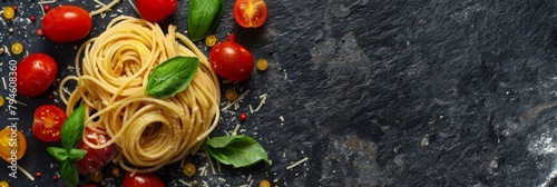 Spaghetti with tomatoes, basil, cheese on dark background