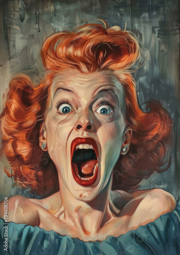 Striking illustration captures a woman in a vintage style, with her mouth wide open in a scream and a look of intense shock on her face