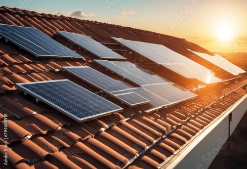'energy solar man roof service panels generative setting sun background ai panel power photovoltaic electricity environment sky technology blue alternative'