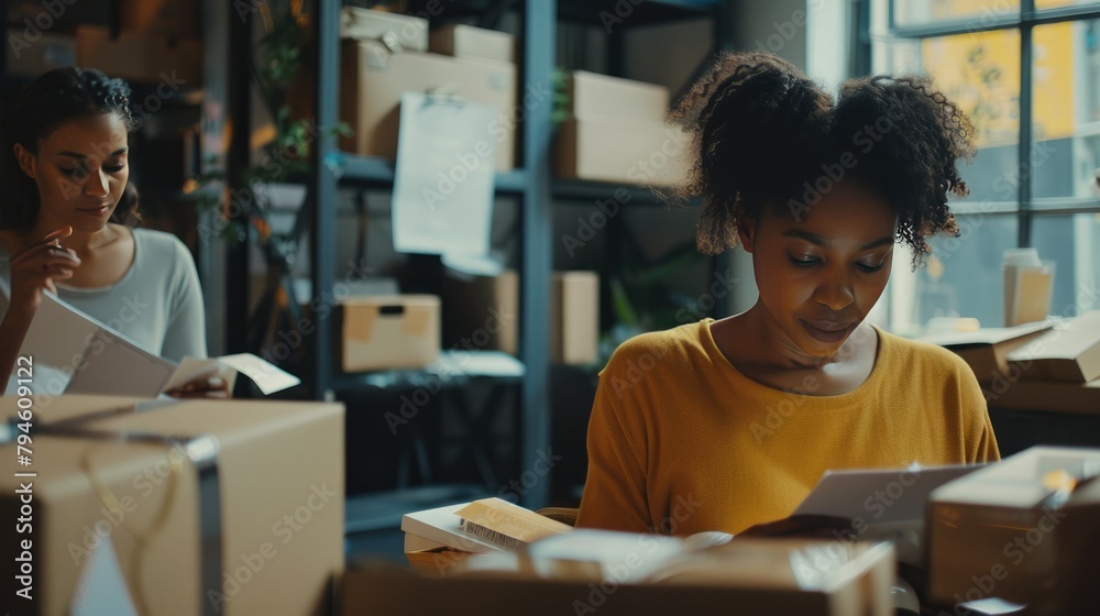 4. Dynamic shot capturing the energy of female business owners as they multitask between checking online orders and preparing packages for shipment, demonstrating the dedication and agility required 4. Dynamic shot capturing the energy of female business owners as they multitask between checking online orders and preparing packages for shipment, demonstrating the dedication and agility required