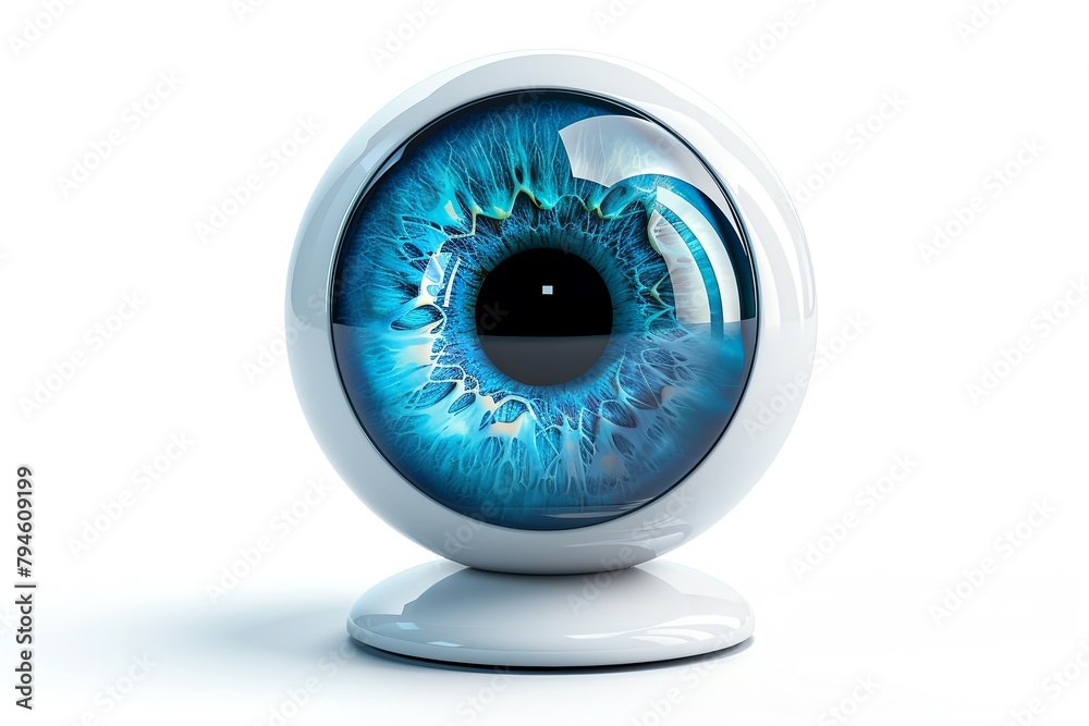A blue eyeball with a black pupil in a white casing. - obrazy, fototapety, plakaty 