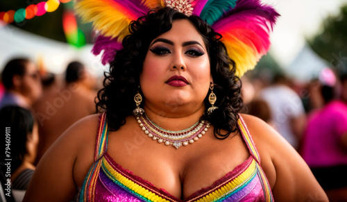A woman with dark hair and wearing a multicolored costume with feathers stands in front of a crowd in pride celebration.