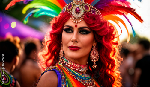 A close-up of a transvestite with bright red hair and makeup, wearing a colorful costume with feathers.