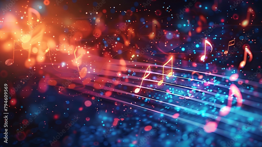 Fototapeta premium a colorful musical background with musical notes and lights on a dark background