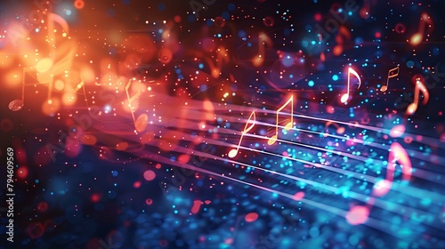 a colorful musical background with musical notes and lights on a dark background