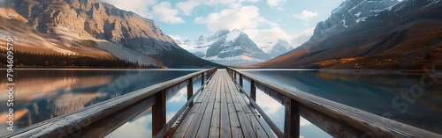  A wooden bridge leads to the mountains, lake and forest in front of it.