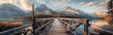  A wooden bridge leads to the mountains, lake and forest in front of it
