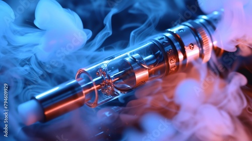 a close up of a vapor pen with smoke coming out of it and a blue background photo