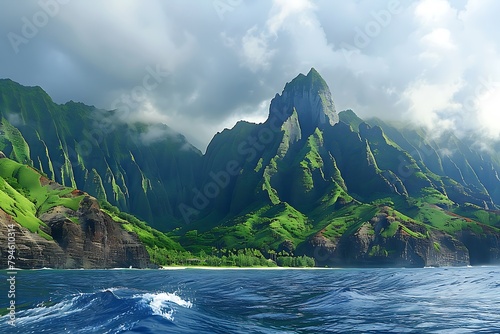 the rugged green mountains on Kauai from out at sea, with clouds and mist covering them. The ocean is deep blue. The concept of landscape