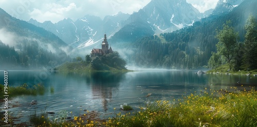 a castle on a small island in the middle of a lake surrounded by mountains and trees with yellow flowers