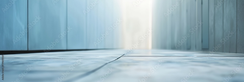 a hallway with a white wall and a light at the end of it - obrazy, fototapety, plakaty 