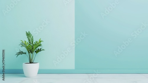 a plant in a white pot on a table against a blue wall
