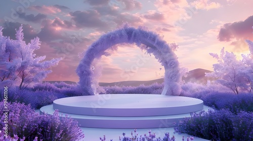 Lavender podium flower background purple product nature platform stand summer 3d table. Cosmetic podium lilac abstract field studio beauty flower spring lavender floral display plant backdrop crystal.