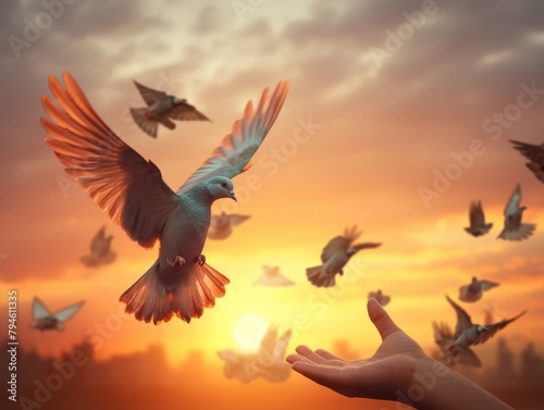 freedom with a silhouette pigeon gracefully returning to outstretched hands against a vibrant sunset background, embodying the concept of making merit. © Surachetsh