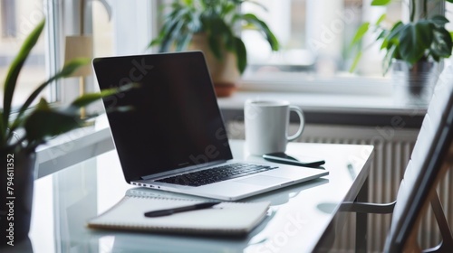 A minimalist workspace with a sleek, uncluttered desk, a laptop, and a notepad, bathed in natural light, epitomizing clarity and focus.