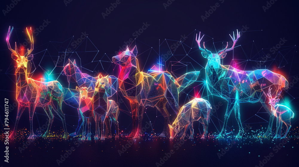 Low poly animals illuminated by neon light, representing the natural instincts of communication in a digital ecosystem - obrazy, fototapety, plakaty 