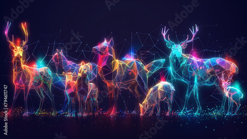 Low poly animals illuminated by neon light  representing the natural instincts of communication in a digital ecosystem
