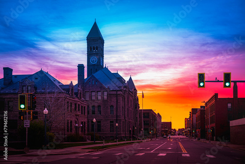 Sioux Falls City Daybreak Skyline, Street at dawn at the historic district of downtown with Old Courthouse Museum and landmark buildings in South Dakota, USA photo