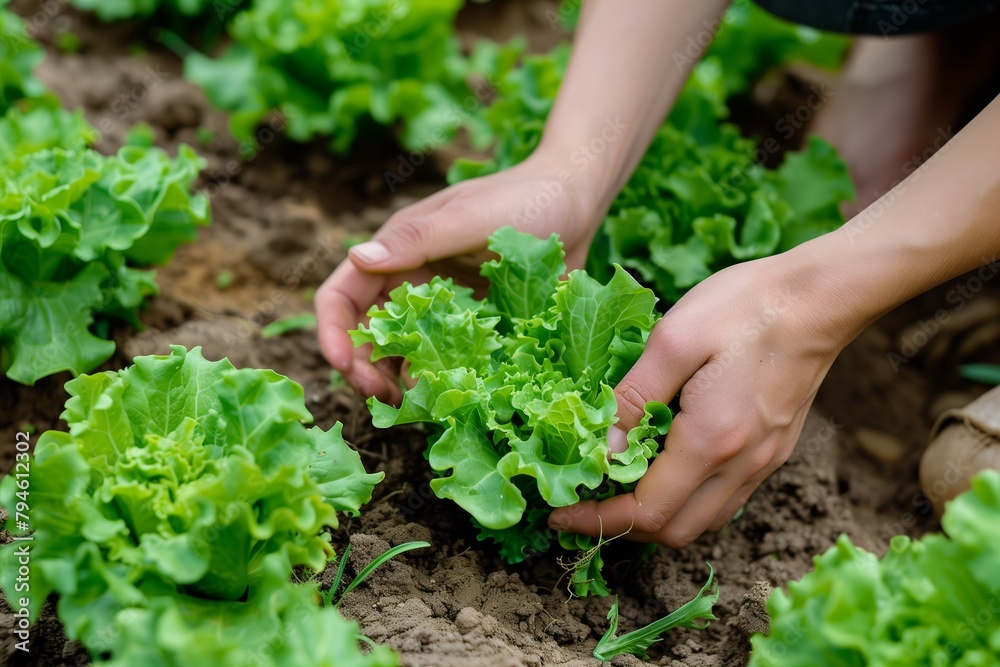 Close up of hands of young person cultivating lettuces in a small garden Close up of hands of young person cultivating lettuces in a small garden