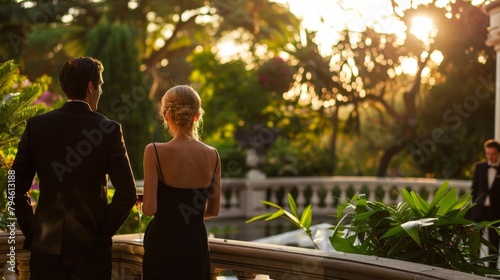 Three elegantly dressed individuals stand on the balcony overlooking the lush gardens of a grand mansion at a highend gathering. . . photo