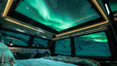 A sleek and modern iglooshaped pod with a glass ceiling providing an unobstructed view of the Northern Lights dancing in the night sky. 2d flat cartoon.