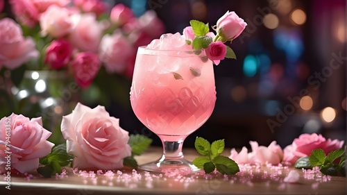 Type: Artistic Image, Subject: Pink frothy cocktail frose garnished with mint and a flower, surrounded by vibrant pink blooms, Art Styles: Abstract, Floral, Art Inspirations: Abstract art on Art Stati photo