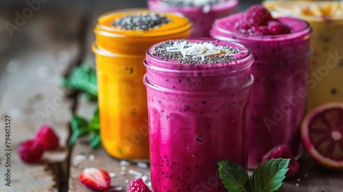 Colorful fruit smoothie in a glass jar, topped with chia seeds and coconut flakes, presented on a farmhouse-style table.