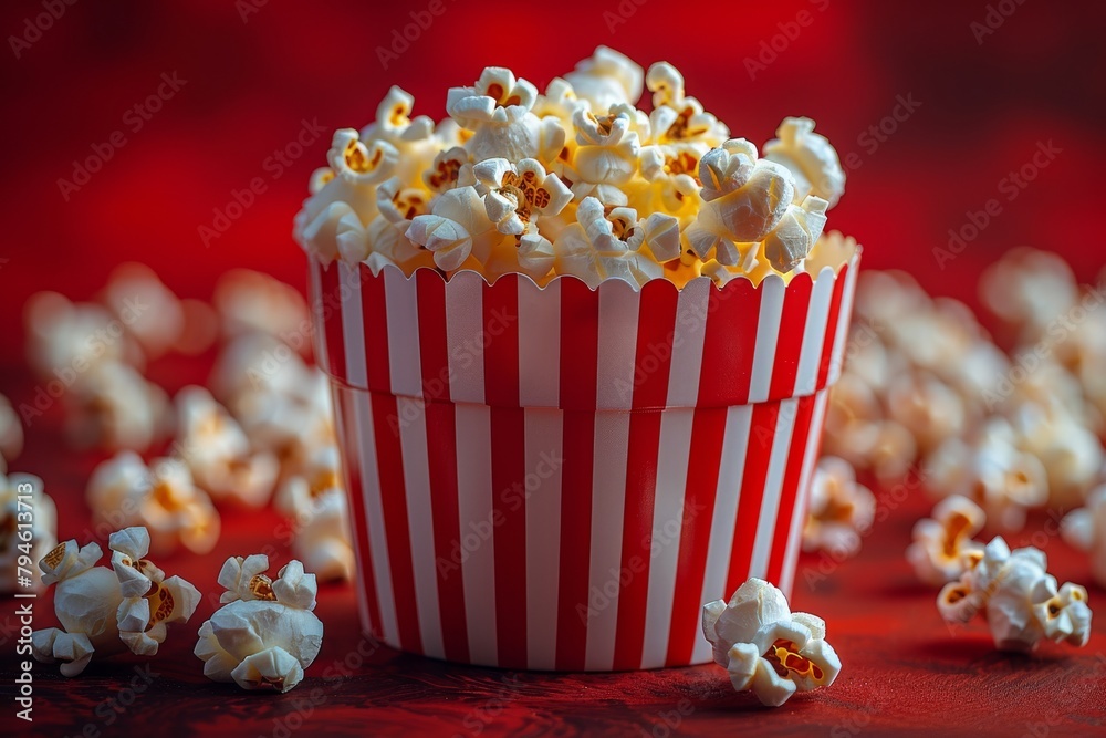 Crunchy popcorn snack in a red and white stripline paper box placed on a red floor of a movie theater or cinema for commercials. Generative AI. Crunchy popcorn snack in a red and white stripline paper box placed on a red floor of a movie theater or cinema for commercials. Generative AI.