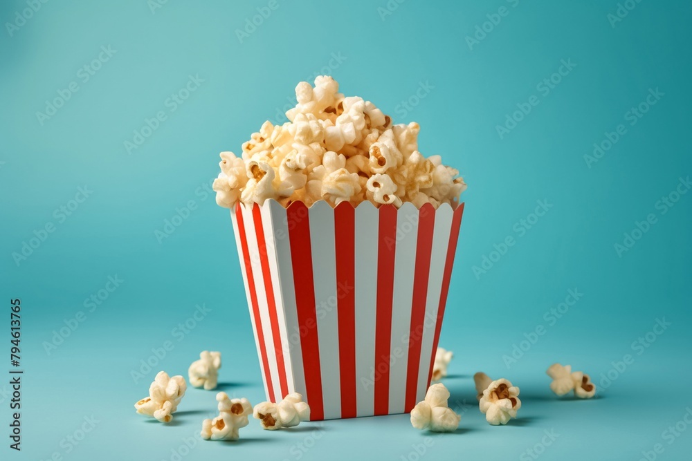 Crunchy popcorn snack in a red and white stripline paper box placed on a red floor of a movie theater or cinema for commercials. Generative AI. Crunchy popcorn snack in a red and white stripline paper box placed on a red floor of a movie theater or cinema for commercials. Generative AI.