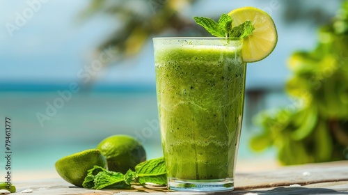 Glass filled with nutritious green smoothie, adorned with a slice of lime and mint leaves, placed on a beachside table.