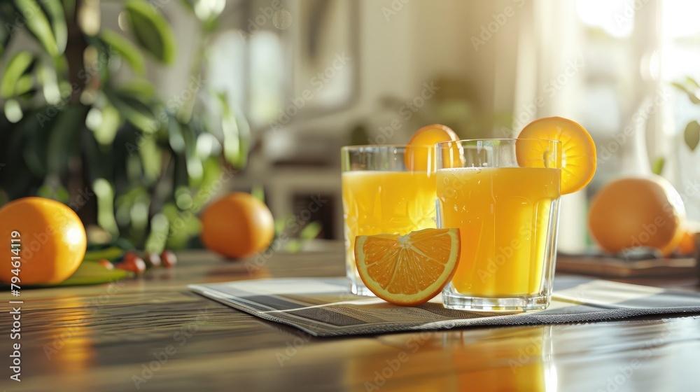 Glassware filled with refreshing orange juice, perfectly positioned on a modern table, promising a burst of citrus flavor. Glassware filled with refreshing orange juice, perfectly positioned on a modern table, promising a burst of citrus flavor.
