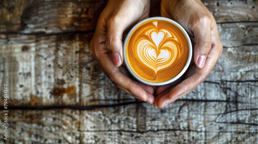 Hands holding a latte art masterpiece, featuring a delicate heart design on the velvety foam, against a rustic cafe backdrop. Hands holding a latte art masterpiece, featuring a delicate heart design on the velvety foam, against a rustic cafe backdrop.