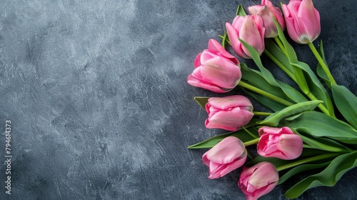 A stunning bouquet of pink tulip flowers is elegantly presented on a sleek gray backdrop in a top down flat lay style embodying a vibrant spring floral theme