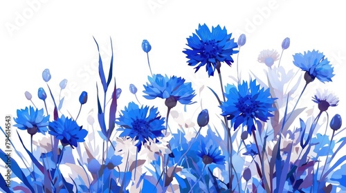 A stunning blue cornflower stands out against a white backdrop in this charming cartoon illustration of Centaurea cyanus photo