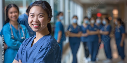 Asian female nurse smiling, a group of doctors and nurses wearing blue scrubs, generative AI