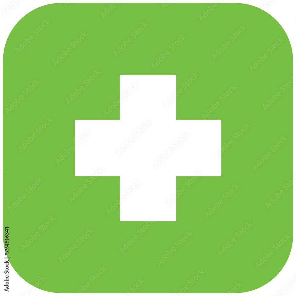 Fototapeta premium Black single green round square add mark button icon, simple math or cross mark flat design concept vector for app ads web banner button ui ux interface elements isolated on white background