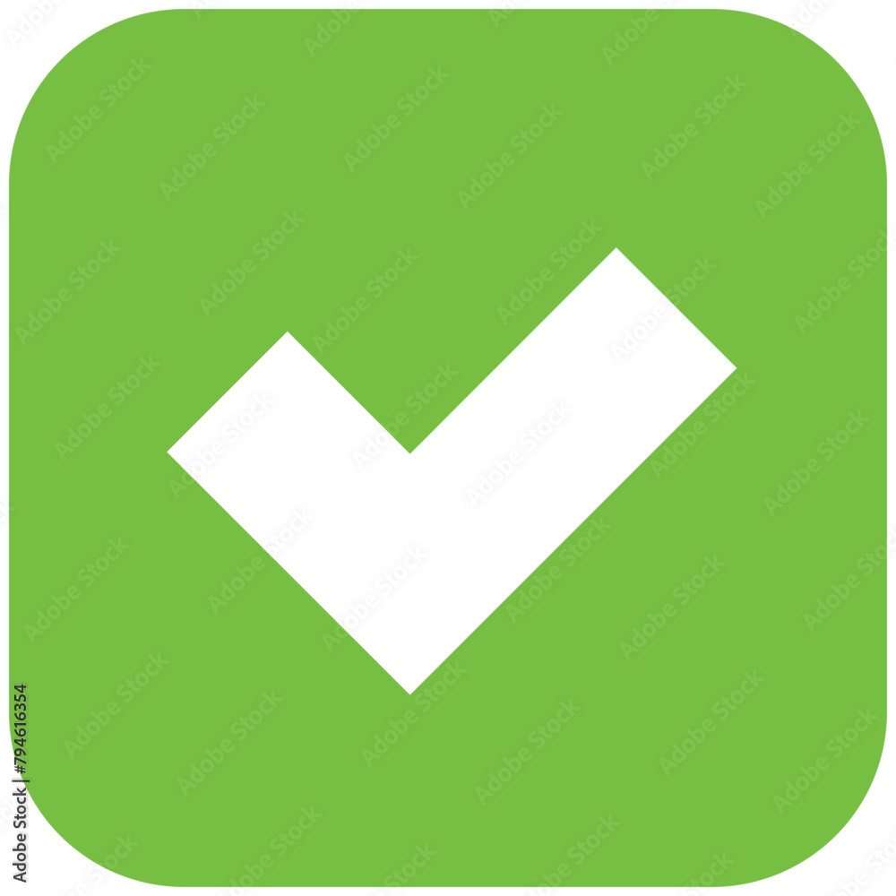 Green check mark icon in round square shape, simple control panel flat ...