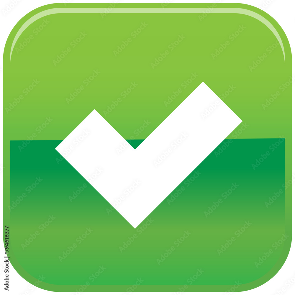 Green check mark icon in round square shape, simple control panel flat design vector pictogram, infographic interface elements for app web button ui ux isolated on white background Green check mark icon in round square shape, simple control panel flat design vector pictogram, infographic interface elements for app web button ui ux isolated on white background
