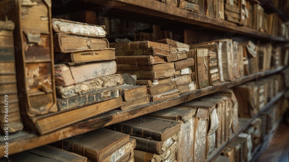 Fototapeta premium A quiet study filled with ancient religious texts, the shelves lined with manuscripts that hold centuries of theological knowledge and wisdom.